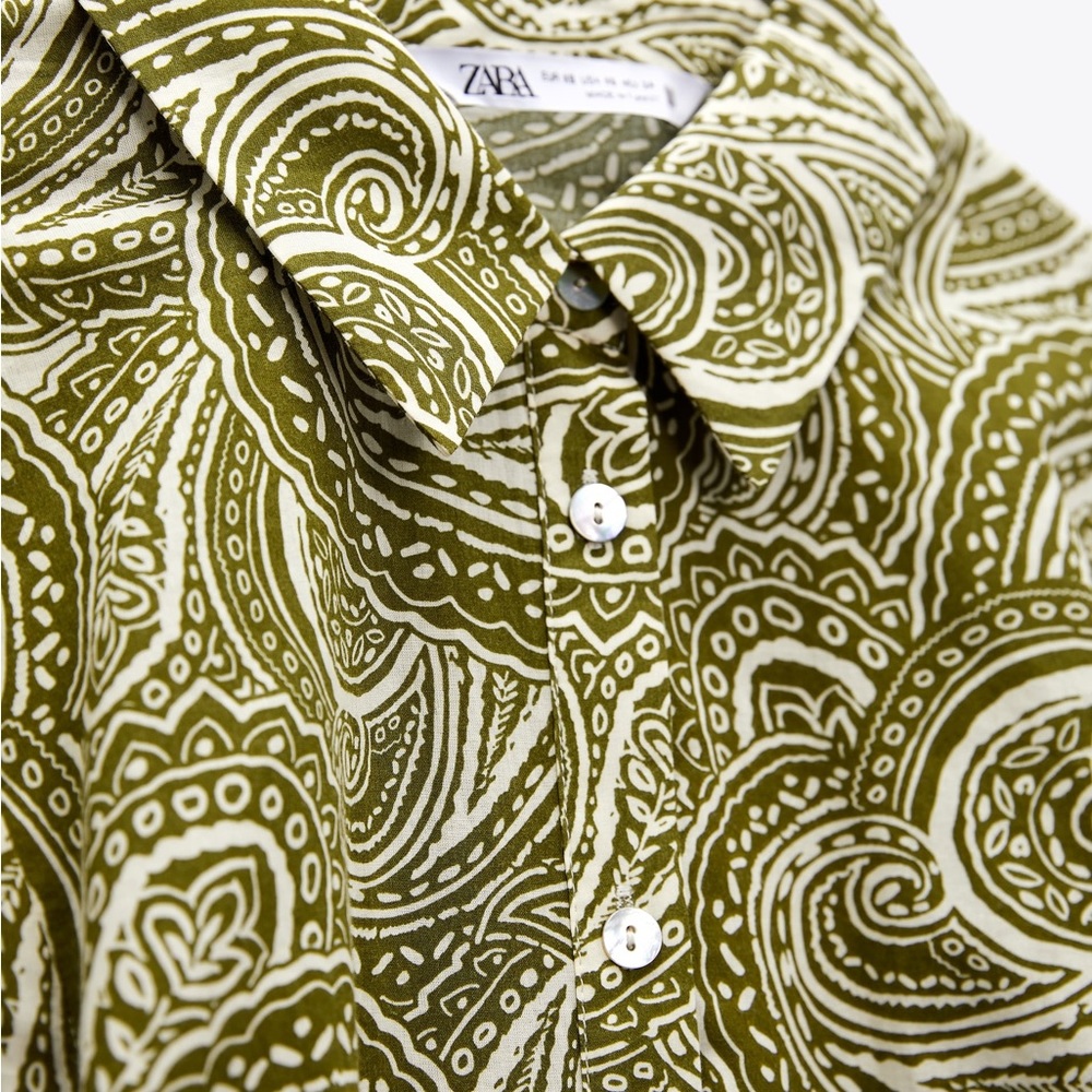 NWT Zara green & white paisley print belted mini dress - collard button front - Picture 6 of 7